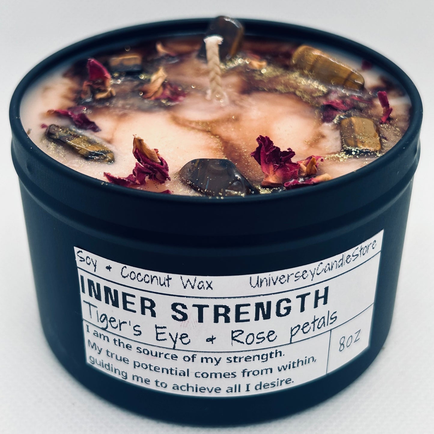 INNER STRENGTH  Candle Confidence Energy Soy Vegan Intention Gift Meditation Tiger'sEye Balance Grounding Self Love Empowering Clarity Focus