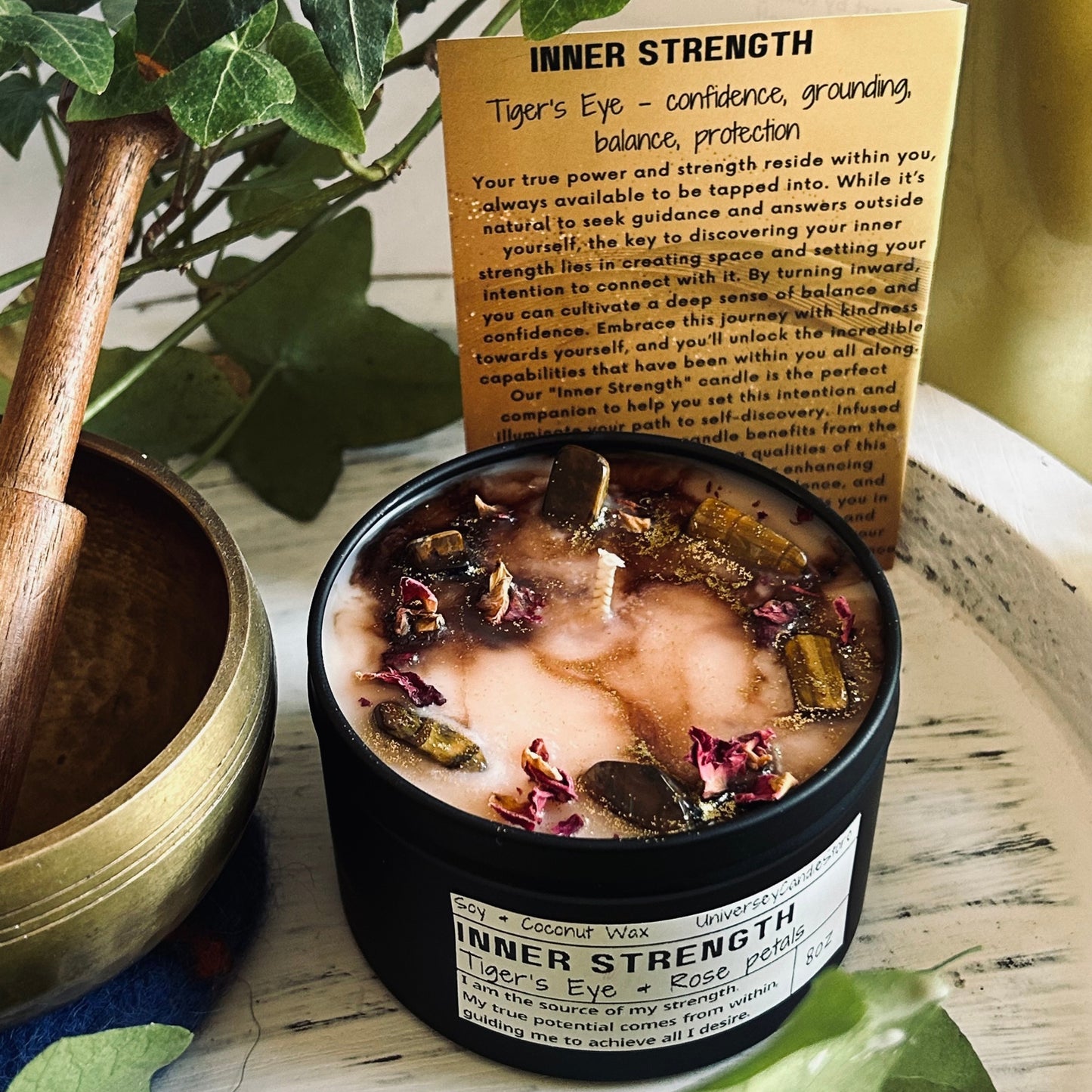 INNER STRENGTH  Candle Confidence Energy Soy Vegan Intention Gift Meditation Tiger'sEye Balance Grounding Self Love Empowering Clarity Focus